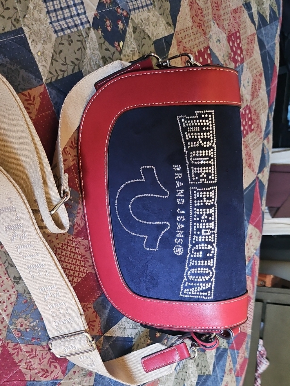 True Religion Navy Suede & Red Leather Rhinestone Crossbody - Picture 2 of 7